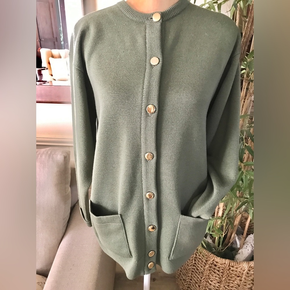 Vintage Green Heavy Pure Merino Wool Cardigan Sweater  Hodgson of Scotland